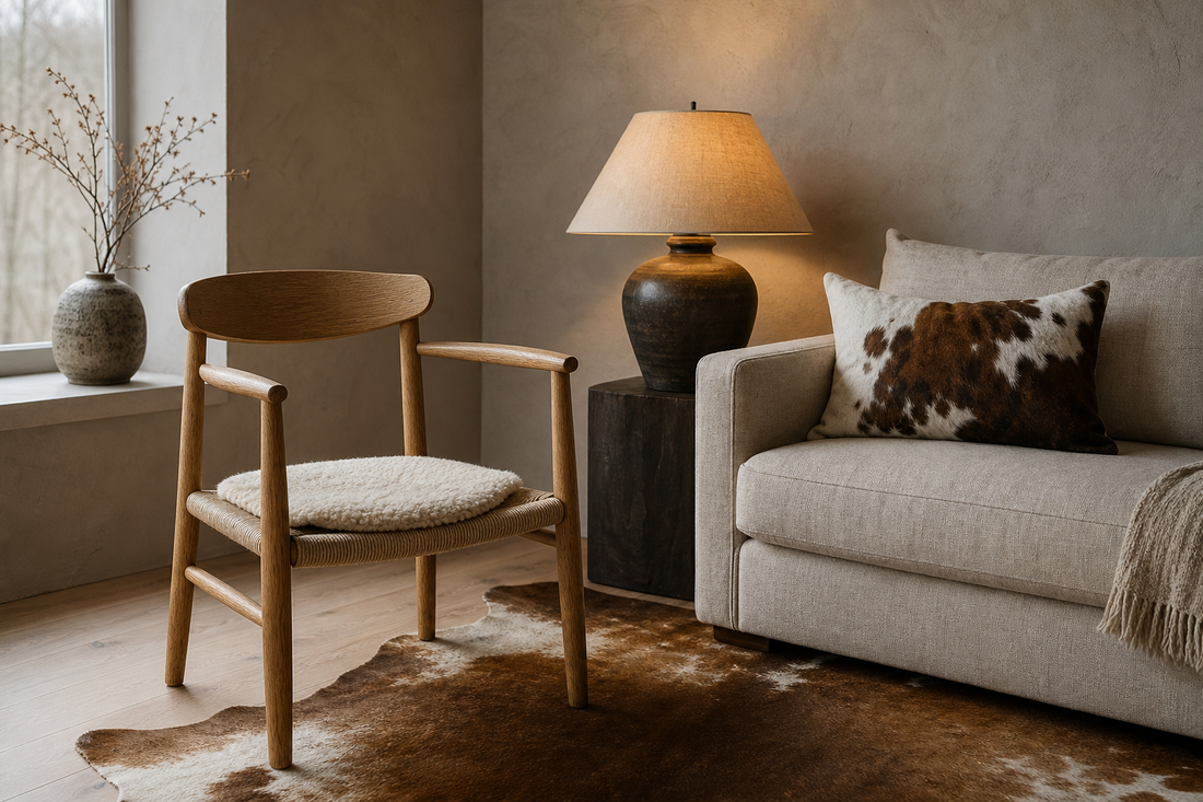 Warm reading corner with wool, cowhide, linen, and wood textures