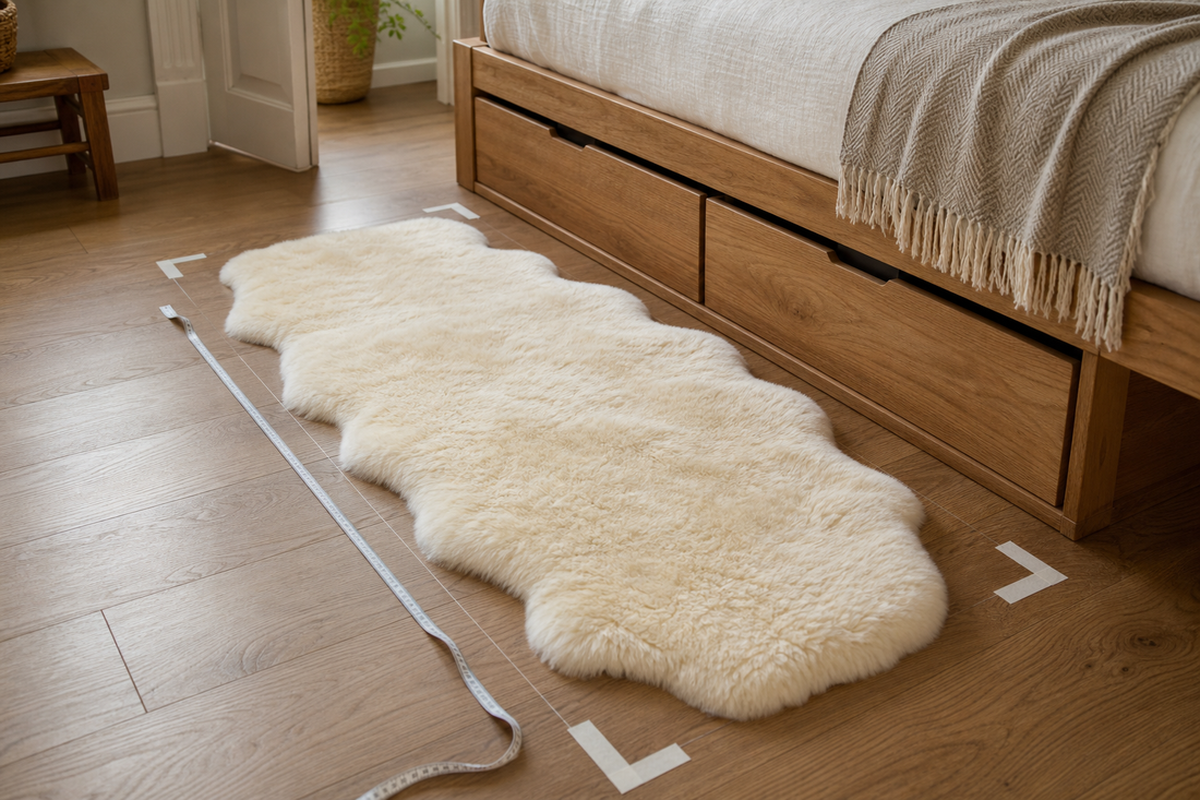 Ivory sheepskin runner measured beside a wood bed with drawers and walkway visible