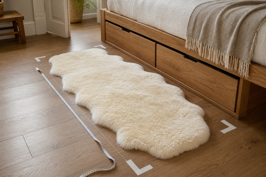 Ivory sheepskin runner measured beside a wood bed with drawers and walkway visible
