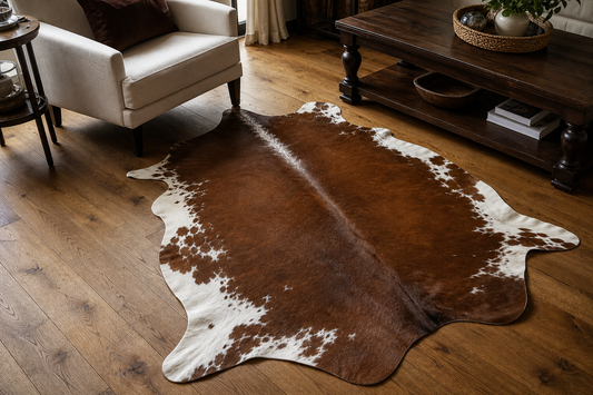 Brown and ivory cowhide rug styled diagonally across a warm oak floor