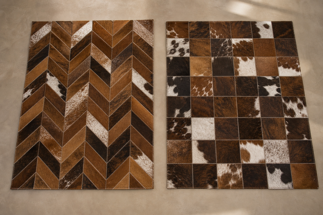 Warm brown chevron cowhide patchwork rug beside a chocolate square mosaic rug