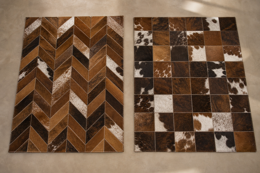 Warm brown chevron cowhide patchwork rug beside a chocolate square mosaic rug
