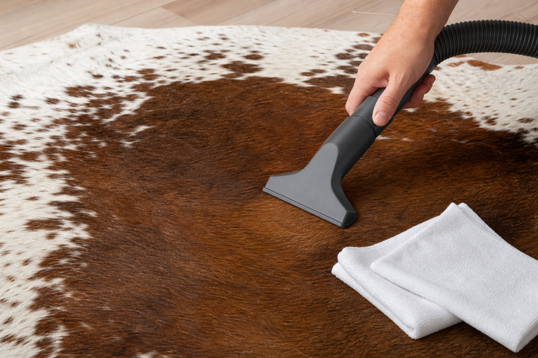 Suction-only upholstery nozzle moving with the hair direction on a cowhide rug