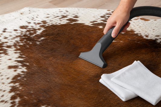 Suction-only upholstery nozzle moving with the hair direction on a cowhide rug