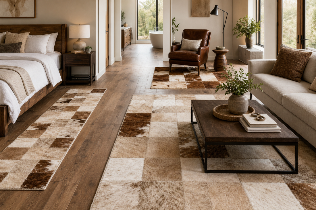 Three beige and brown cowhide patchwork rug footprints shown at distinct room scales