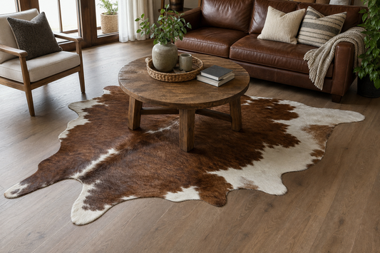 Round wood coffee table offset over a brown and ivory whole-hide cowhide rug
