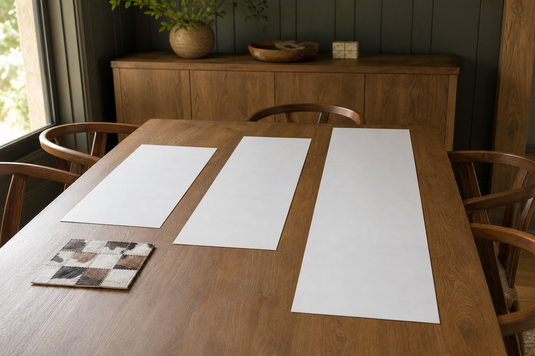 Three paper-length mockups for 150, 190, and 220 centimeter cowhide runners on one dining table