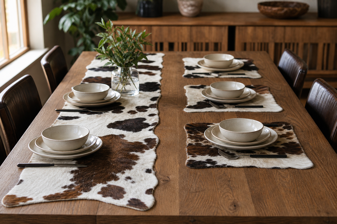 One dining table split between a cowhide center runner layout and separate cowhide placemat layout