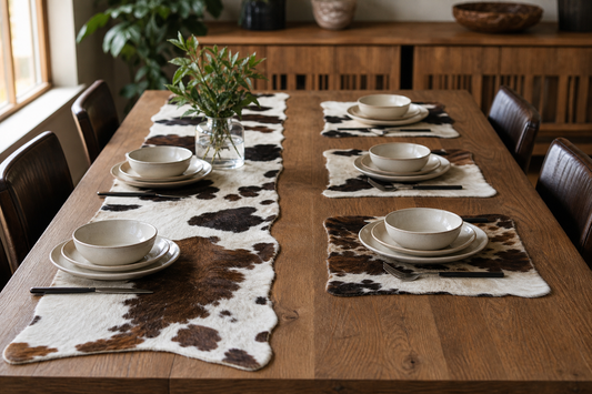 One dining table split between a cowhide center runner layout and separate cowhide placemat layout