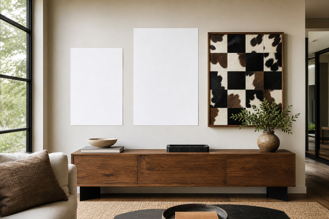 Fifty by seventy and eighty-five by one-hundred-fifteen centimeter wall art templates above a console