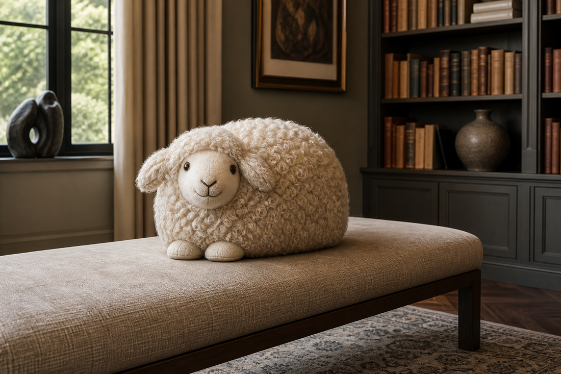 Three-dimensional curly lamb sheep pillow placed alone on a stable reading-room bench