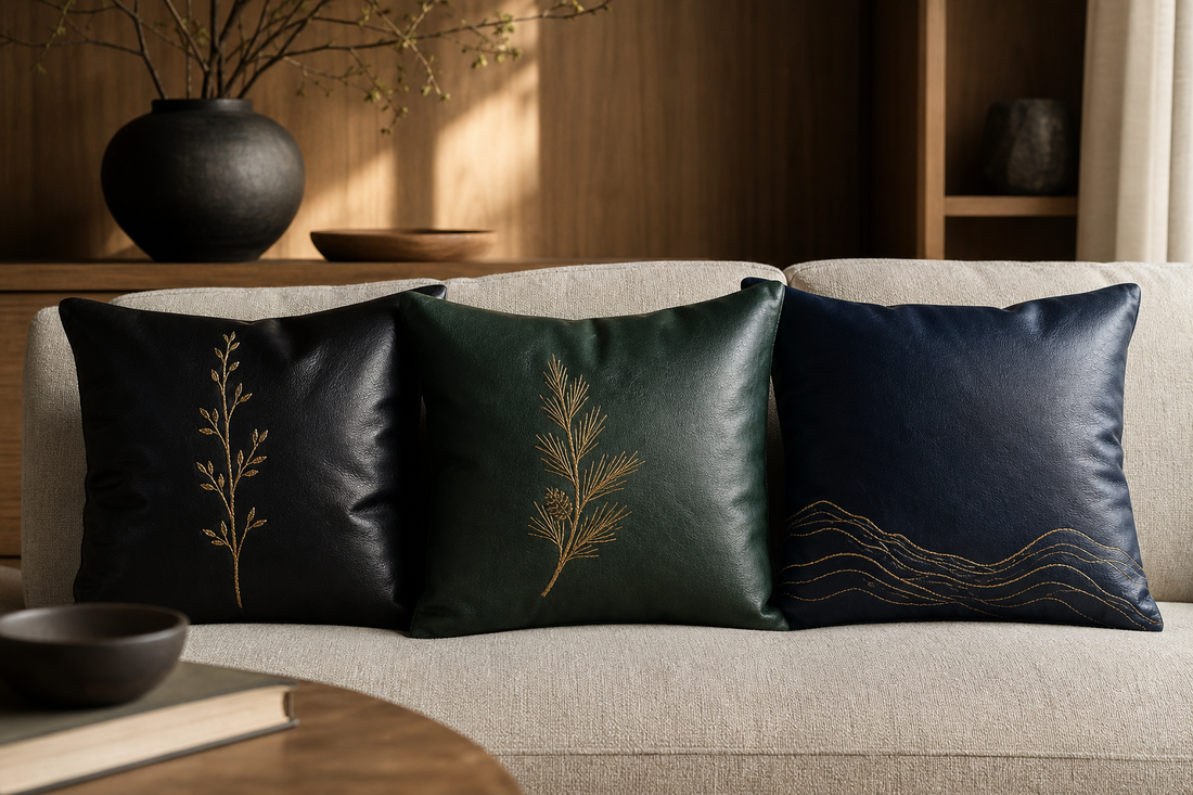 Black, pine green, and deep indigo embroidered leather pillows compared against warm wood and neutral upholstery