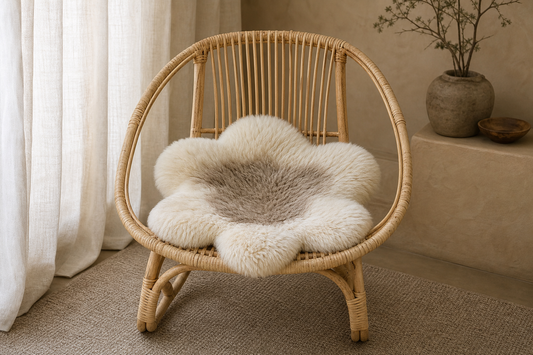 Two-tone flower sheepskin chair pad fitted to a rattan chair with the woven frame visible