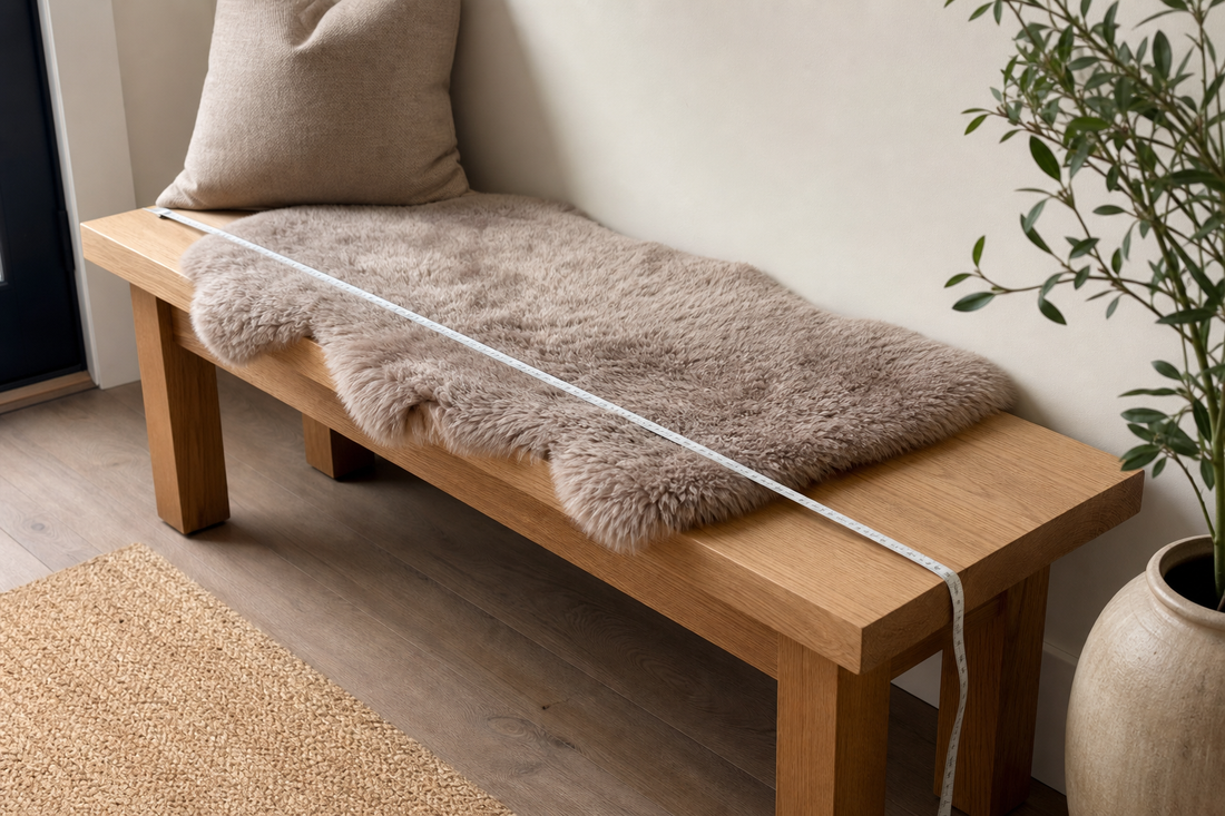 Mushroom taupe sheepskin runner aligned across a measured wood bench