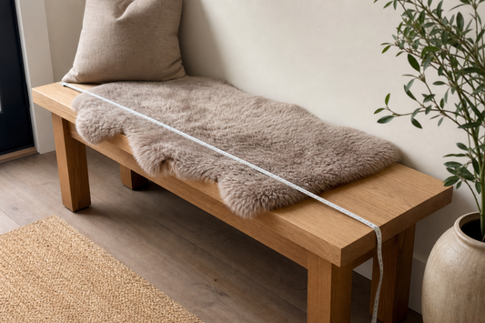 Mushroom taupe sheepskin runner aligned across a measured wood bench
