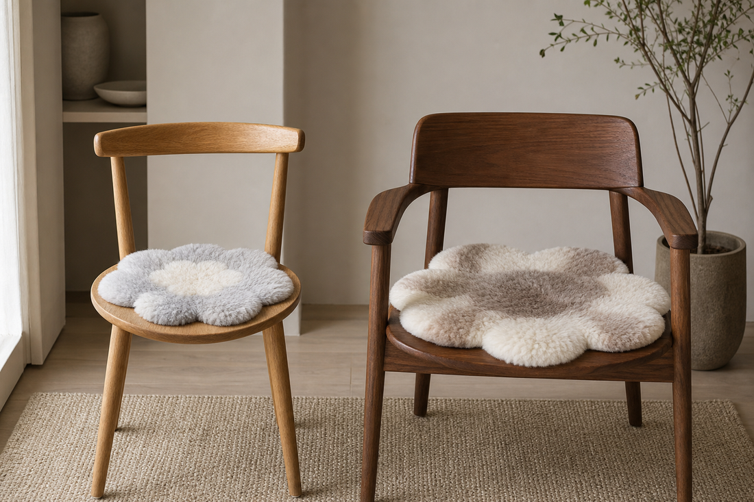 Smaller and larger two-tone flower sheepskin pads compared on two differently sized chairs