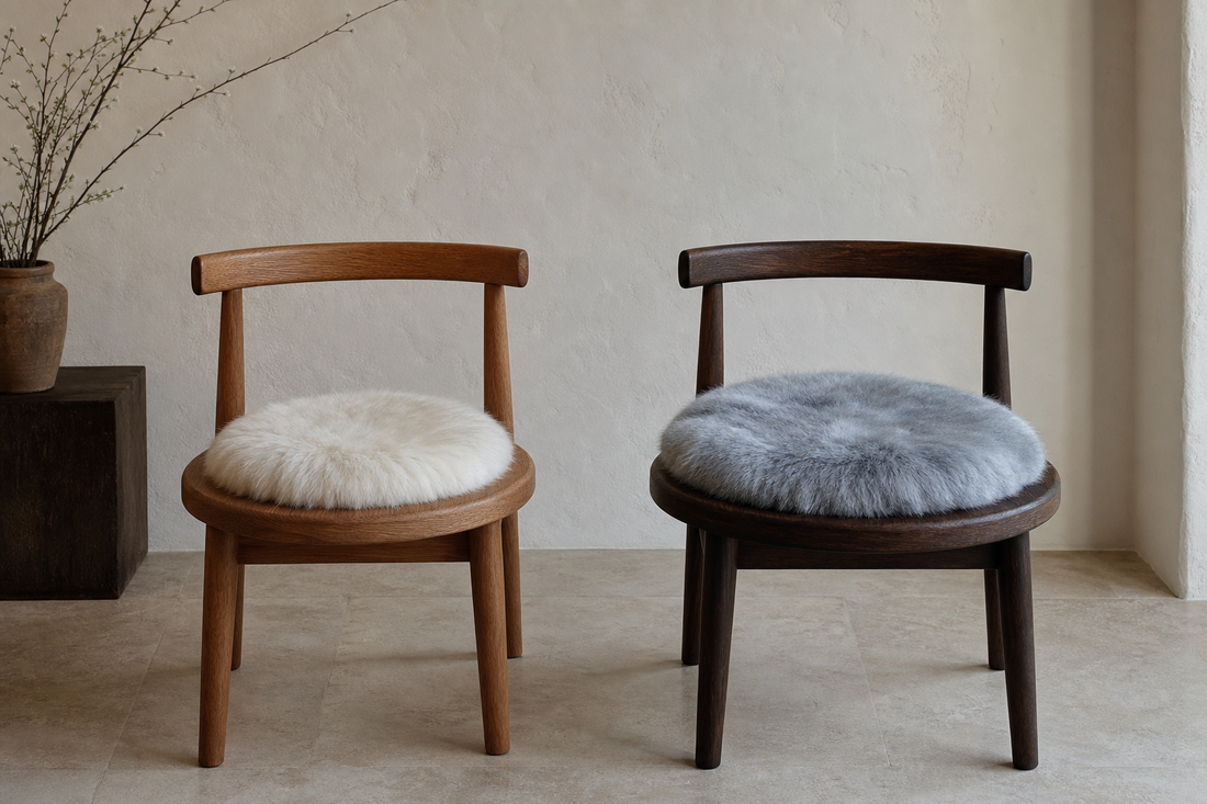 Smaller ivory and larger blue-gray round fox fur chair cushions compared on two chairs