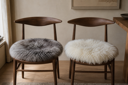 Round gray fox fur and ivory sheepskin chair cushions compared on matching indoor chairs