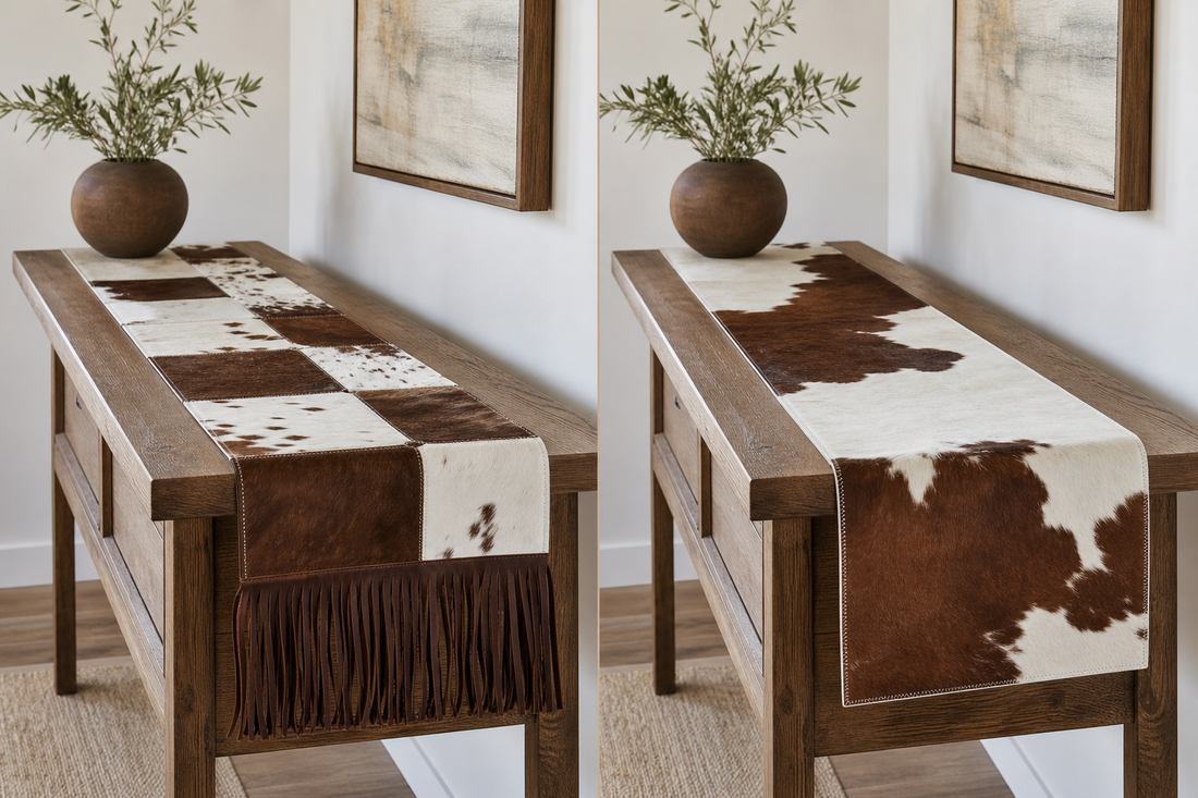 Fringed cowhide runner and clean-edge patchwork runner compared on two uncluttered wood consoles