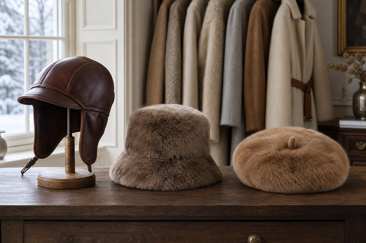 Natural fur and leather winter hats compared by crown, brim, earflap, and fit construction