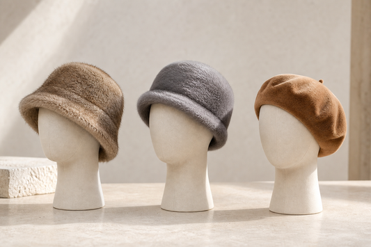 Sable bucket hat, mink cloche, and rabbit fur beret compared on neutral display forms