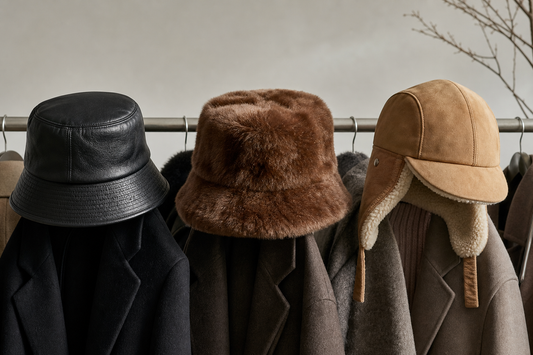 Black leather bucket hat and plush natural fur winter hats compared with neutral coats
