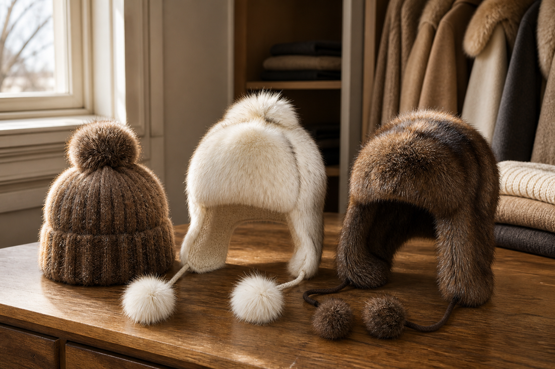 Mink fur beanie and two natural fur earflap hats compared with winter coat collars