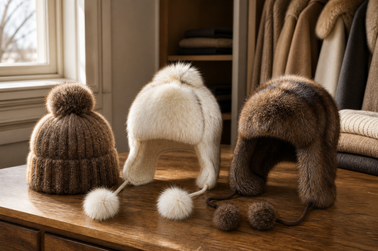Mink fur beanie and two natural fur earflap hats compared with winter coat collars