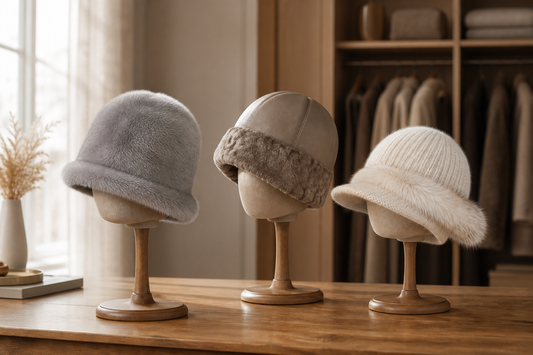 Mink cloche and short-brim natural fur winter hats compared from the side