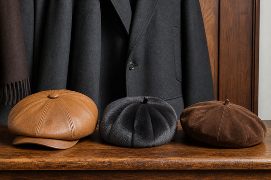 Sheepskin leather newsboy cap and paneled fur and suede berets compared