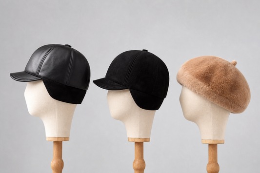 Short-brim leather hats and a brimless rabbit fur beret shown in side profile