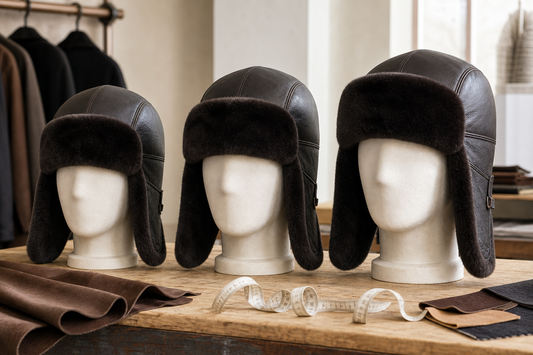 Three men's natural-material earflap caps organized by 56 to 62 centimeter size bands