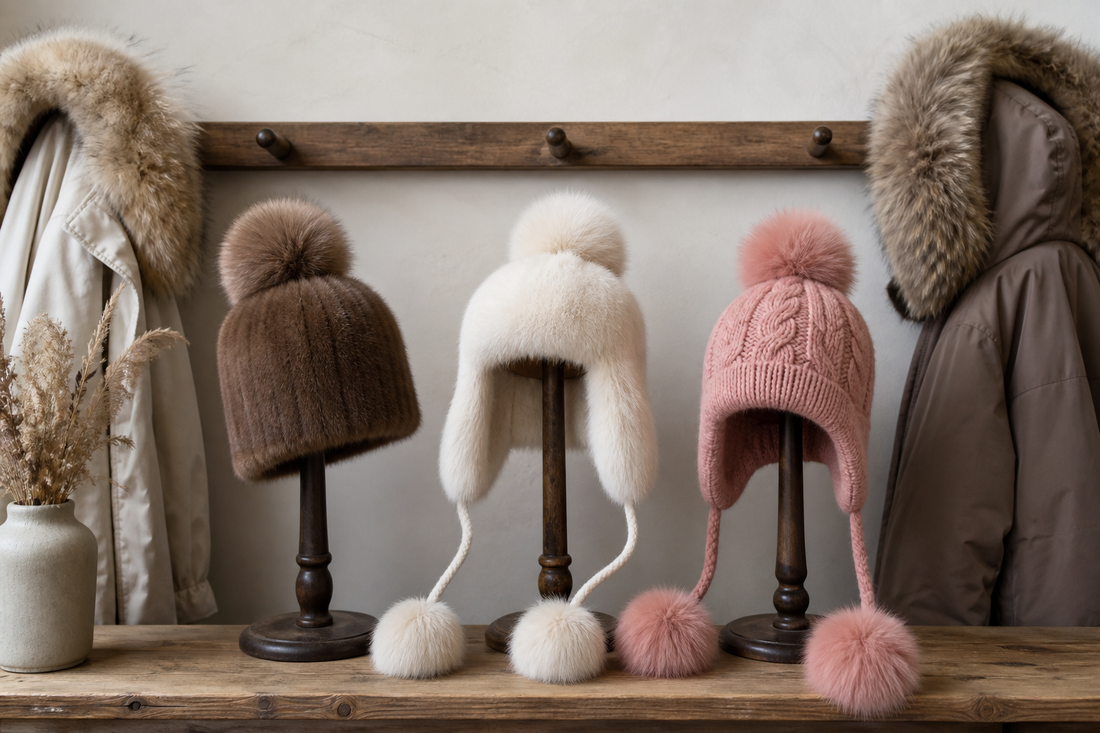 Pom-pom fur beanie and two pom-pom earflap hats compared with winter hoods