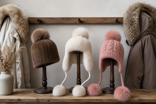 Pom-pom fur beanie and two pom-pom earflap hats compared with winter hoods
