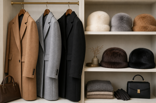 Ivory gray camel brown and black fur hats paired with neutral winter coats