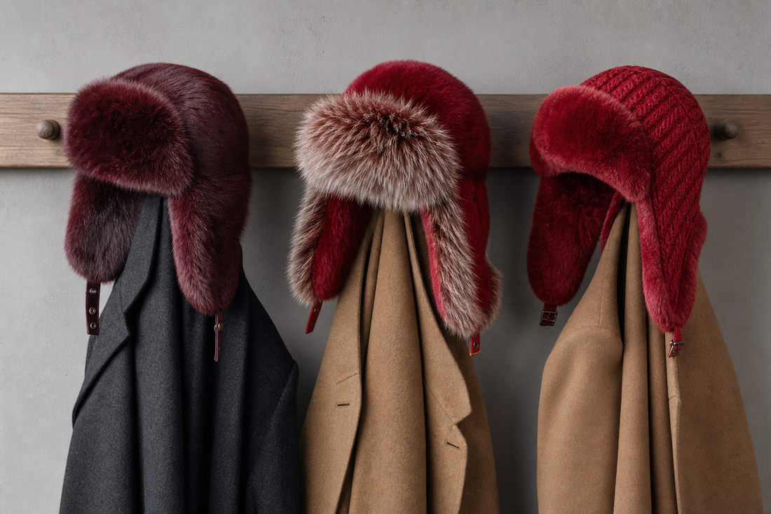 Burgundy crimson and heritage red natural fur hats styled with neutral winter coats