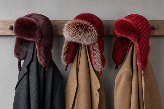 Burgundy crimson and heritage red natural fur hats styled with neutral winter coats