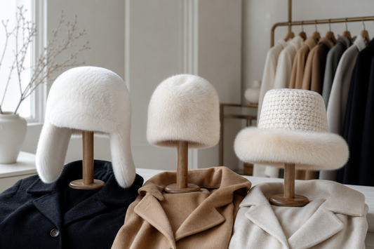 Arctic white soft ivory and cream natural fur hats compared with winter coats