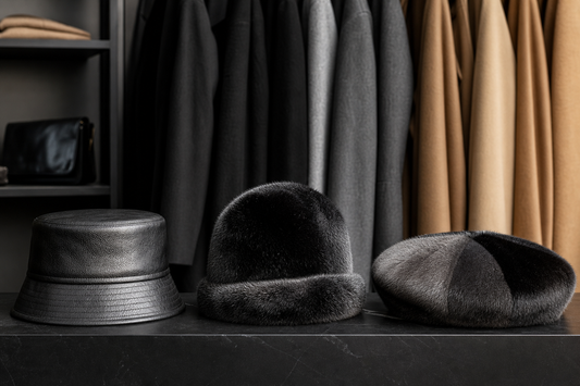 Black leather bucket mink cloche and paneled mink beret compared by texture