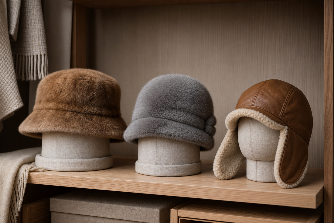Genuine sable mink and sheepskin winter hats stored with crown and brim support