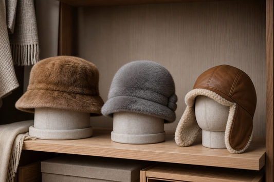 Genuine sable mink and sheepskin winter hats stored with crown and brim support