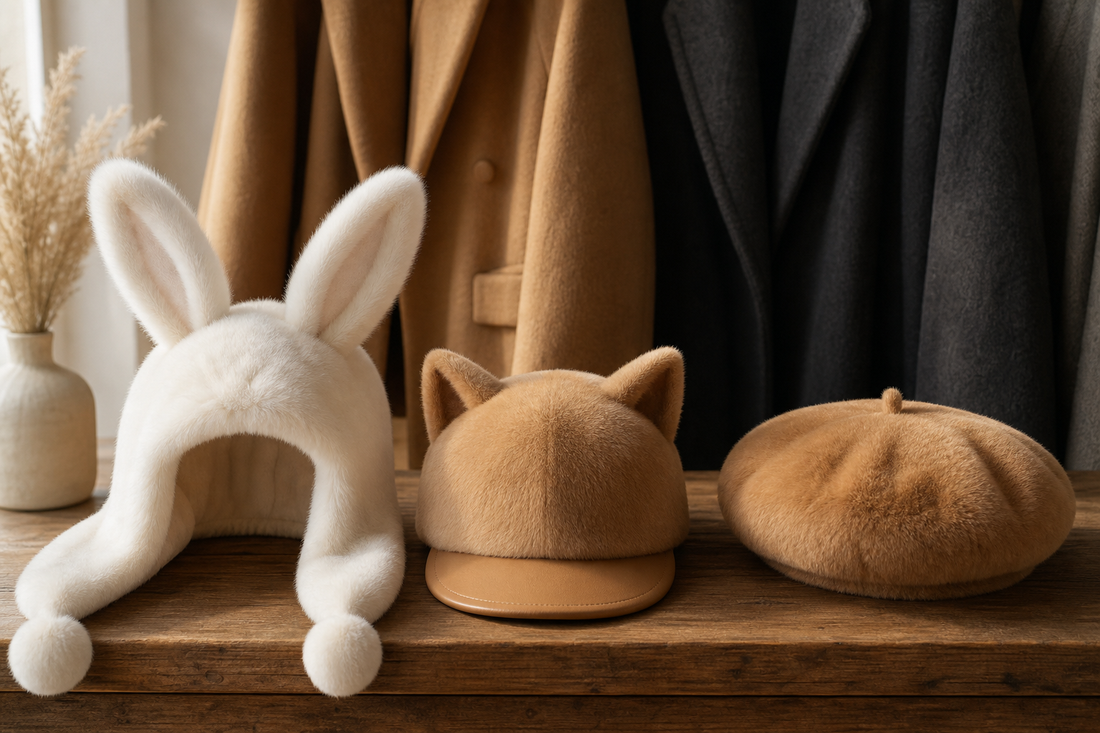 Rabbit fur bunny-ear hat cat-ear cap and classic beret compared