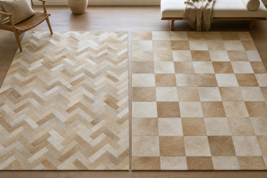 Beige herringbone cowhide patchwork rug beside a beige checkerboard rug