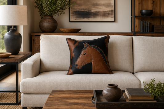 Single cognac and black horse-head cowhide pillow styled as an equestrian focal point on a linen sofa