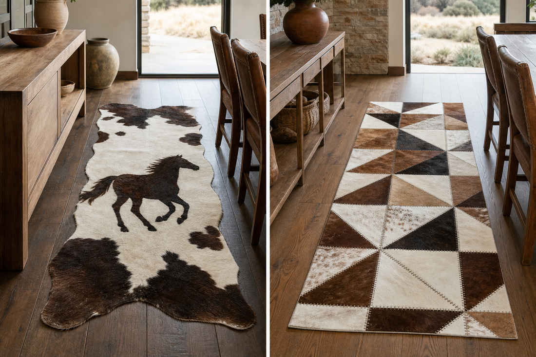 Horse motif and geometric patchwork cowhide runners compared at equal length on warm wood tables