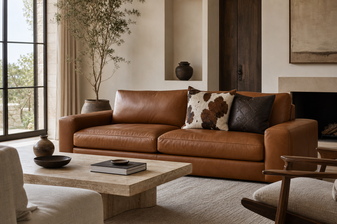 One patterned cowhide pillow and one embroidered leather pillow styled with open space on a leather sofa