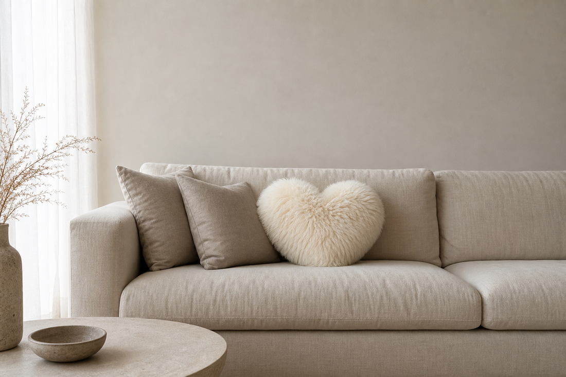 Single ivory sheepskin heart pillow styled with quiet neutral cushions on a linen sofa