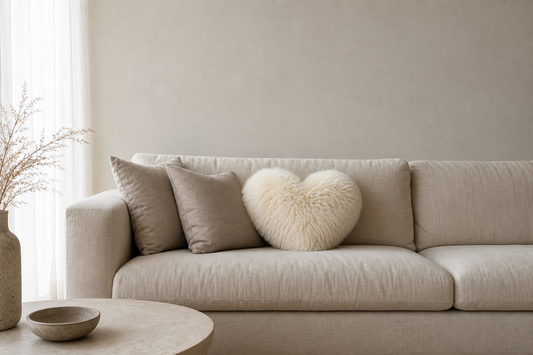 Single ivory sheepskin heart pillow styled with quiet neutral cushions on a linen sofa