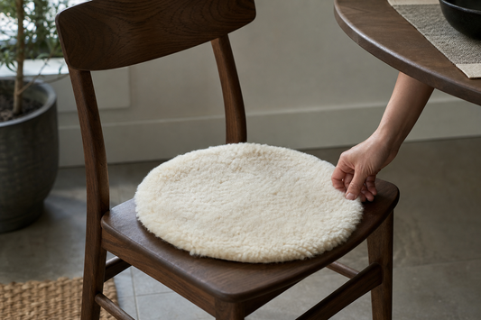 Ivory sheepskin chair pad being recentered on a smooth wooden dining chair to check fit and movement