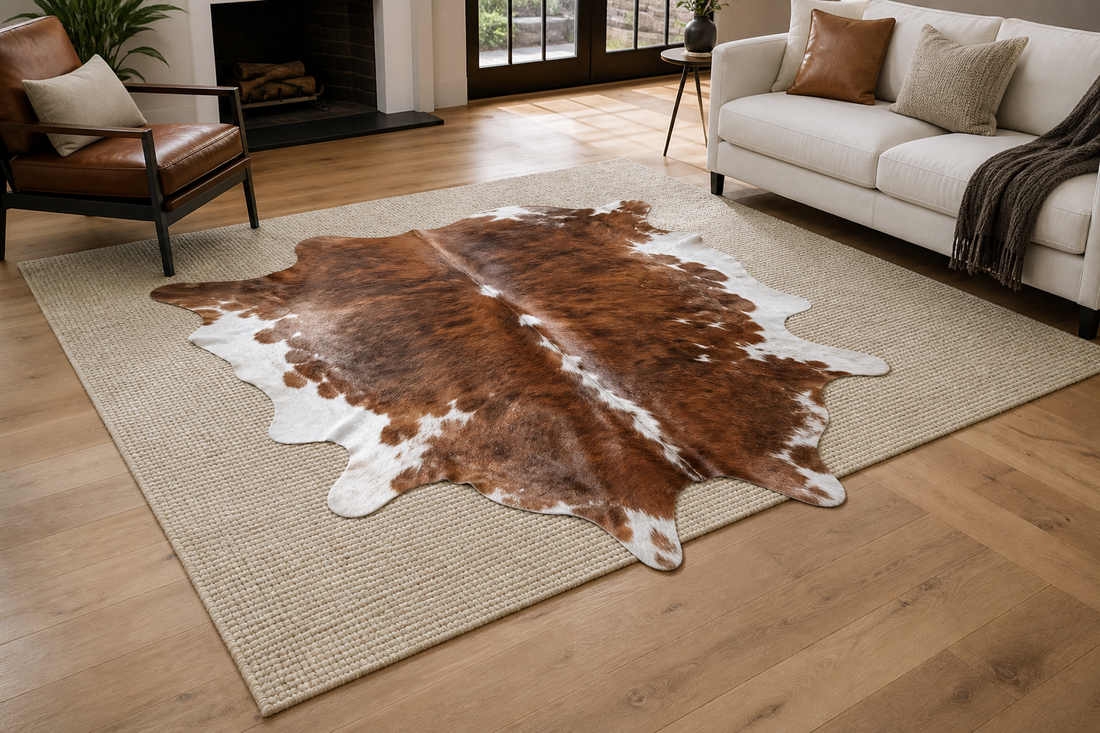 Brown and ivory whole-hide cowhide layered over a neutral flat-weave rug